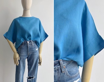Vintage 90s Bright Blue Oversized Linen Boxy Blouse Top XL XXL, Slouchy Fit with Batwing Shaped Sleeves
