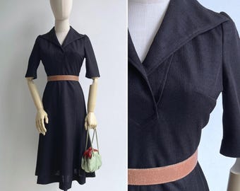 Vintage 70s Black Collared Shirt Dress XS, Retro High Waisted A-Line Midi with V-Neck