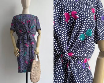 Vintage 80s Ribbons & Polka Dots Navy Blue Blouson Dress XS-S, Retro Kitschy Dress with Tie Waist Detail, Button Back