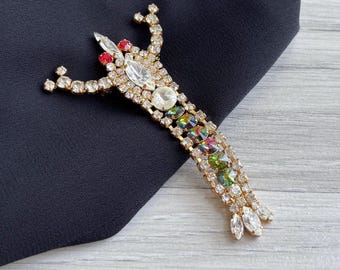 Vintage 50s Rainbow Lobster Aurora Borealis Statement Brooch, Retro Sparkly Crystal Diamantés Articulated Large Pin