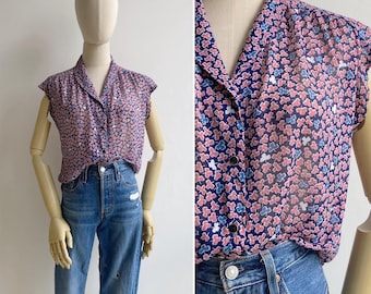 Vintage 80s Lucky Clover Print Pink & Blue Chiffon Blouse XS-S, Retro Shawl Collar Feminine Blousy Top