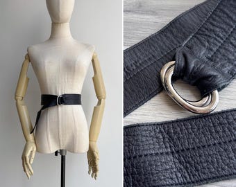 Vintage 80s Black Faux Leather Wrap Belt with Silver D-Ring Buckles, Retro Disco Punk Style by Kiyoko Takase