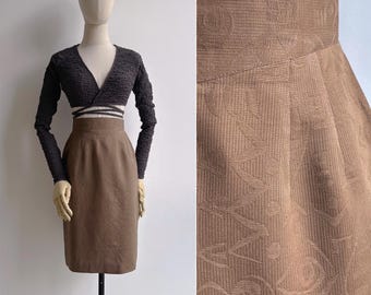 Vintage 80s Chocolate Brown Abstract Textured Pencil Skirt XS-S, Retro Slim Fit V-Yoke Waist Skirt with Tulip Back Hem