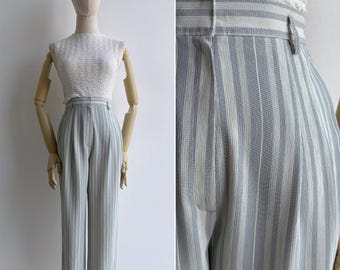 Vintage 80s Pale Blue & White Pinstriped Trousers XS S M, Retro High Waist Pleat Front Pant with Side Pockets