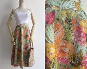 Vintage 80s Tutti Frutti Tropical Print Cotton Flared Skirt XS S M, Retro A-Line Swing Midi