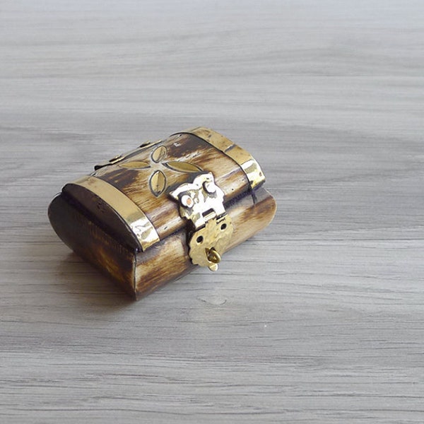 SALE - Vintage '70s Carved Cow Bone & Brass Trinket Case