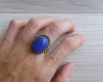 Vintage 70's Blue Lapis Oval Silver Ring Size 6.5