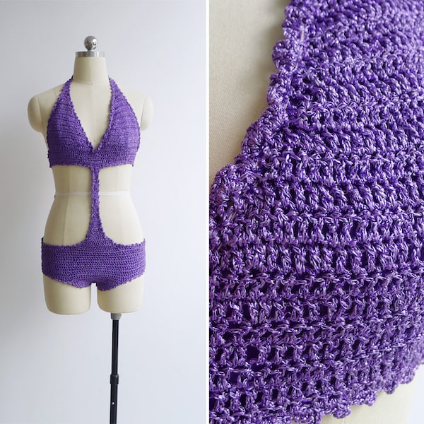 Vintage '70s 'Pool Party' Purple Glitter Crochet Monokini Swimsuit XS