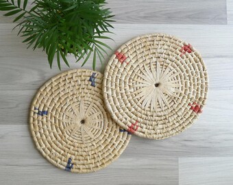 Vintage 1980s Natural Woven Starburst Round Geometric Trivet, Woven Circular Wall Hanging with Colorful Designs