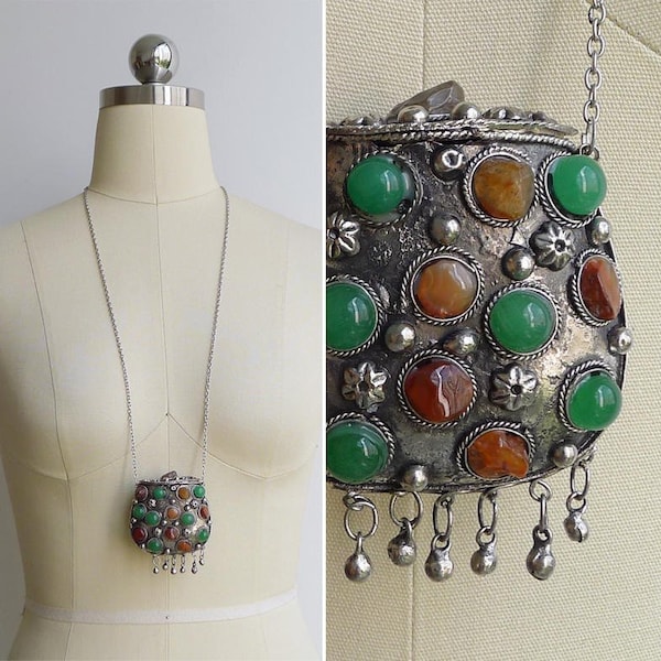 SALE - Vintage '70s Hippie Box Purse Semi Precious Stone Pendant Necklace