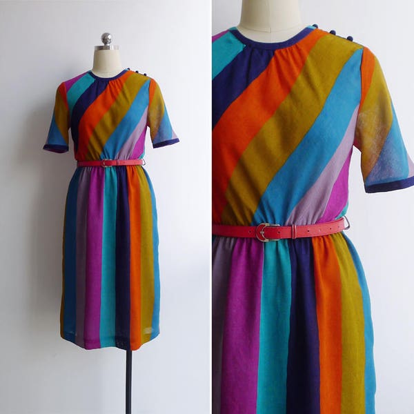 Vintage 80's 'Circus Tent' Colorful Striped Day Dress S