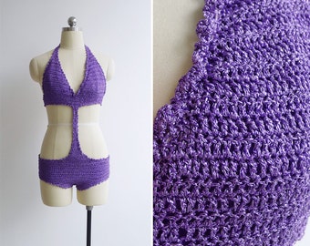 Vintage '70s 'Pool Party' Purple Glitter Crochet Monokini Swimsuit XS