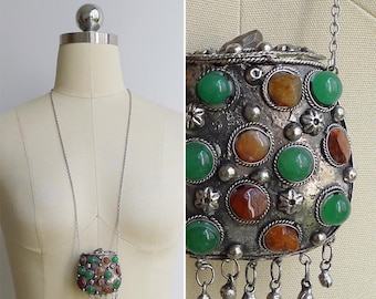 SALE - Vintage '70s Hippie Box Purse Semi Precious Stone Pendant Necklace