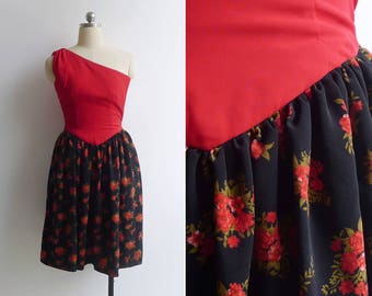50% OFF - Vintage '80s Does '50s 'Flaming Florals' One Shoulder Dress XXS-XS