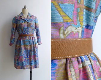 50% OFF - Vintage '70s 'Hieroglyphs' Blue Abstract Print Shirt Dress S-M