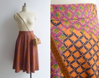 Vintage 80's 'Textile Tales' Woodblock Print Cotton Skirt XXS