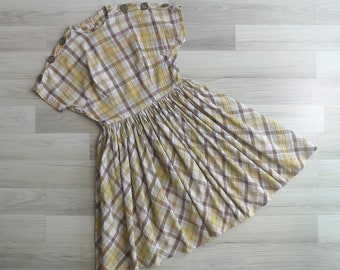 Vintage 50s Bobbie Brooks Swiss Dot Plaid Cotton Dress XS-S, Retro Fit & Flare Midcentury Modern, Made in USA
