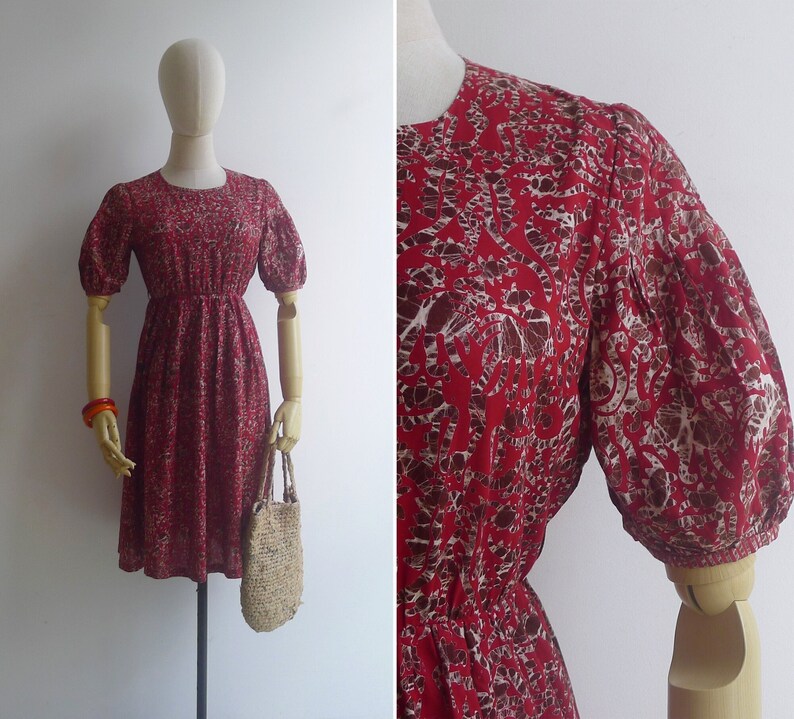 Vintage '80s Deep Red Novelty Batik Print Cotton Dress XS image 1