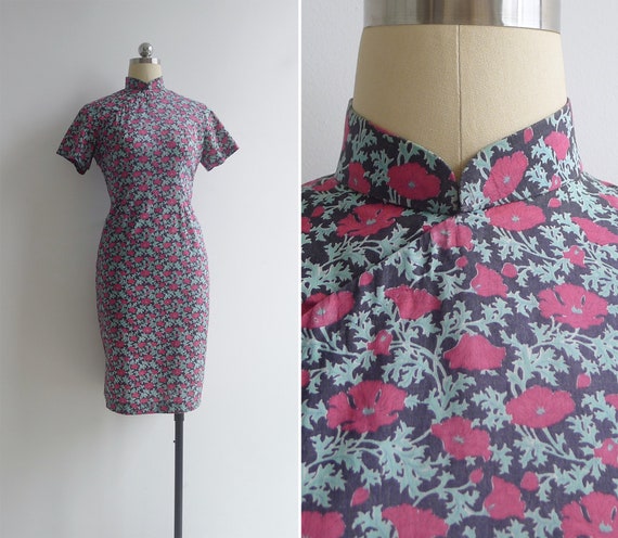 Vintage 70's Chinese Peonies Floral Print Cheongsa