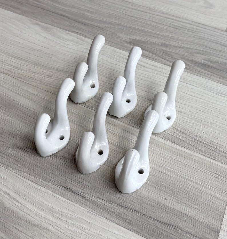 Vintage 50s White Porcelain Wall Hook - Double Hook, Ceramic, Customizable, DIY Home Decor image 2