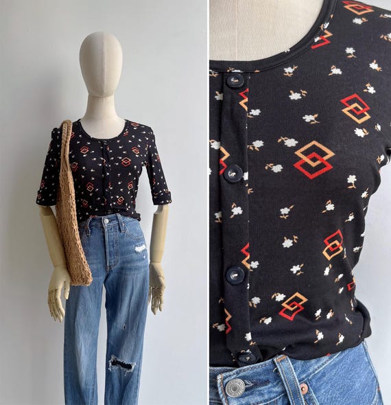 Vintage 70s Black Op Art Knit Blouse XS S M, Retro Scoop Neck Tee 