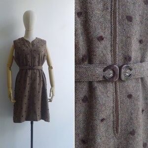 SALE Vintage '70s Brown Polka Dot Wool Tweed Jumper Dress L image 2