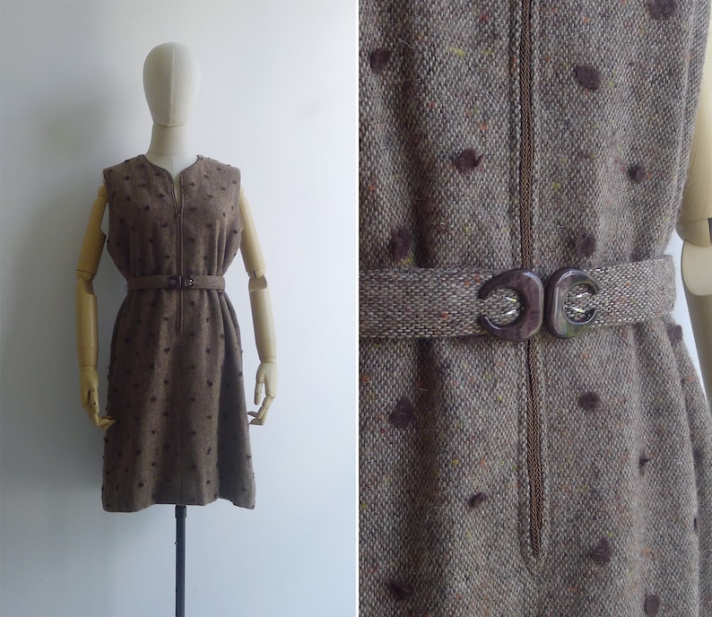 SALE Vintage '70s Brown Polka Dot Wool Tweed Jumper Dress L image 2