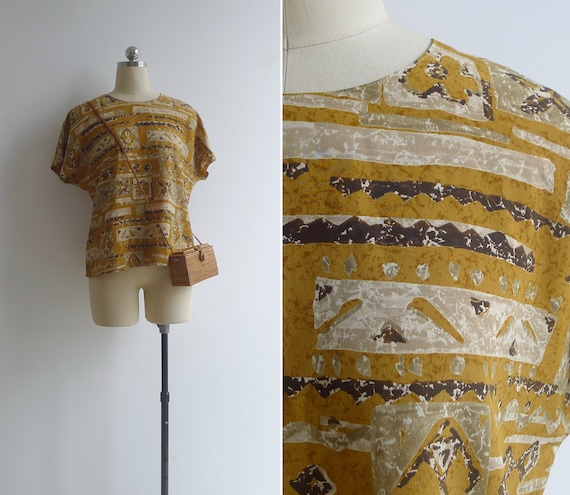 Vintage 80's Mustard Yellow Abstract Print Blouse
