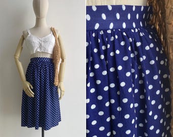 Vintage 80s Blue & White Polka Dot Midi Skirt XXS, Retro High-Waisted Full Gathered Skirt