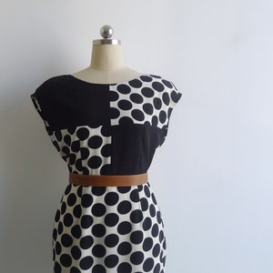 Vintage 1980s Graphic Polka Dot Checkerboard Pencil Dress S - Retro Bold Black & White Statement Mini Wiggle Dress