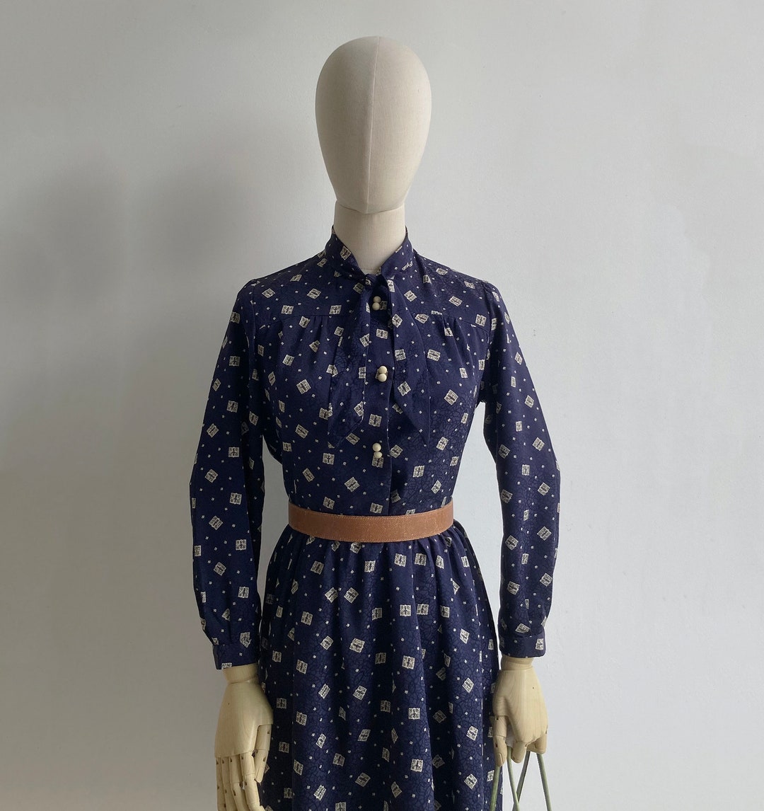 Vintage '80s Razor Blade Abstract Print Navy Bow Collar Dress S - Etsy