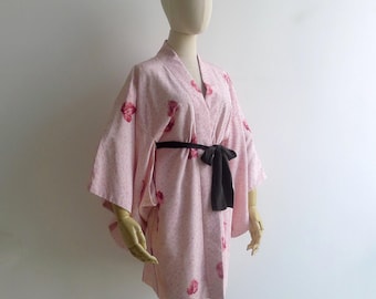 Vintage 50s Pink Shibori Silk Haori Kimono Robe XS S M, Tie Dye Print with Ruby Red Floral Petals, Lined Layering Jacket
