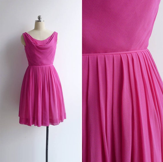 Vintage 50's Silk Chiffon Pink Cowl Neck Party Dre