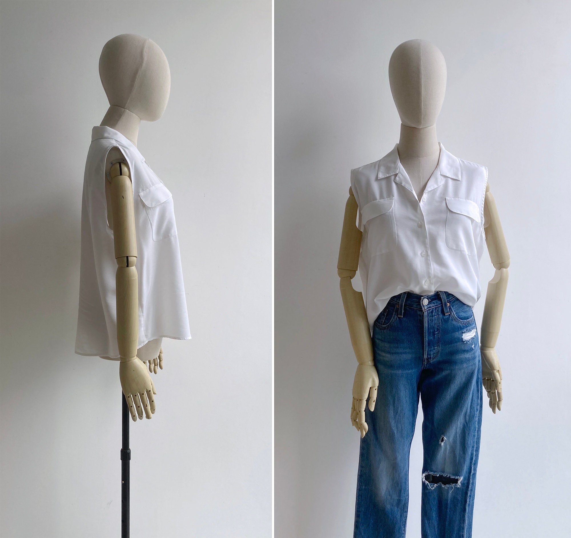Chemisier Vintage Sans Manches Blanc - Taille 50 - Encolure Ras Du Cou - Coton/polyester