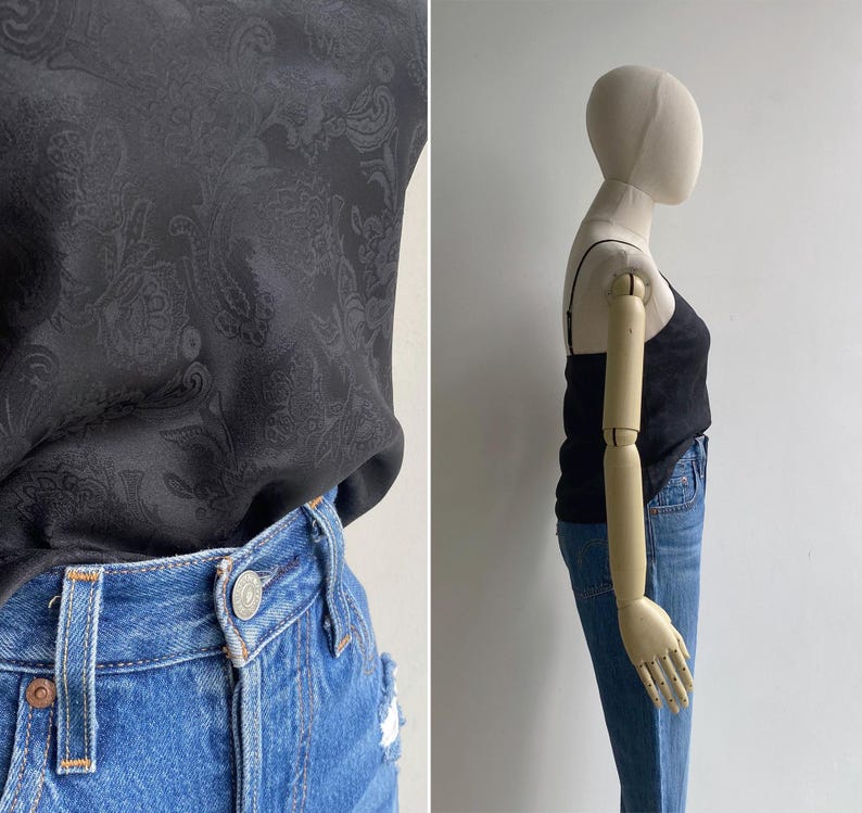 Side view of a 1990s/Y2K slip camisole tank with a closeup showing the subtle paisley woven texture of the fabric