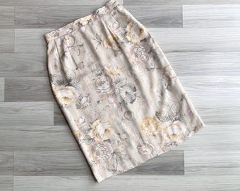 Vintage 80s Cream Wallflower Print Pencil Skirt S, Retro High Waist Abstract Floral Striped Print