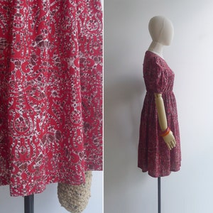 Vintage '80s Deep Red Novelty Batik Print Cotton Dress XS image 5