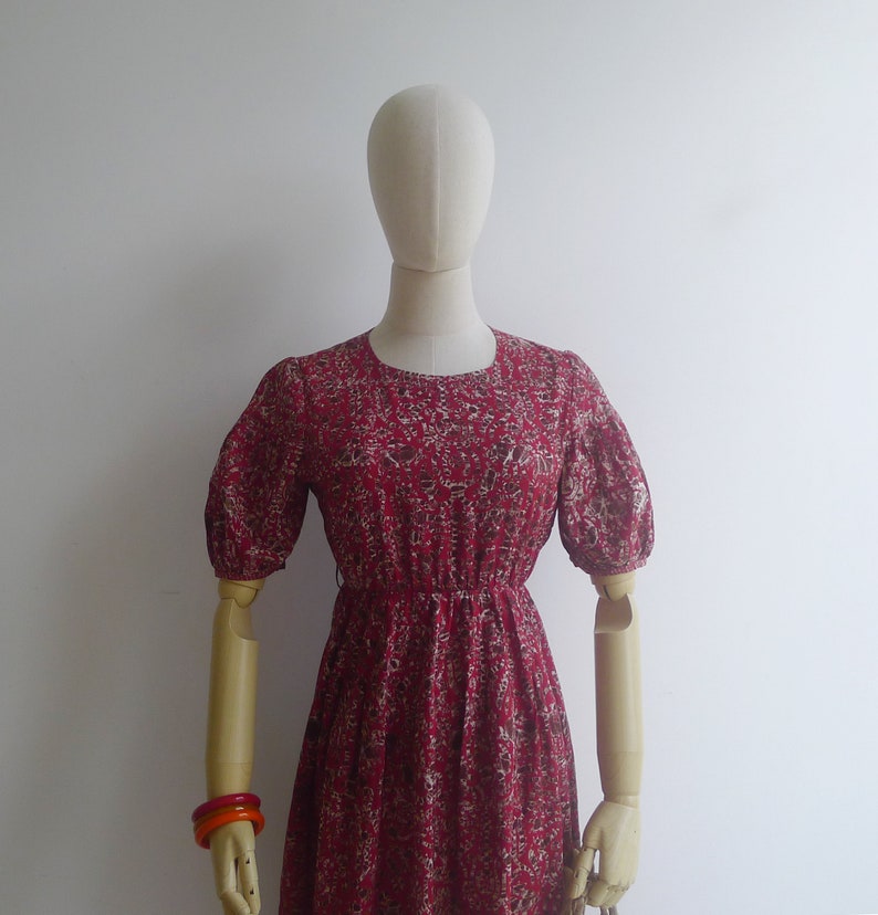 Vintage '80s Deep Red Novelty Batik Print Cotton Dress XS image 3