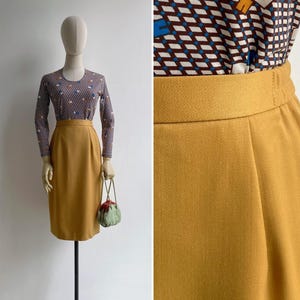 Vintage 1980s Mustard Yellow Pencil Skirt XS-S, Retro High Waisted Slim Fit, Over The Knee Length