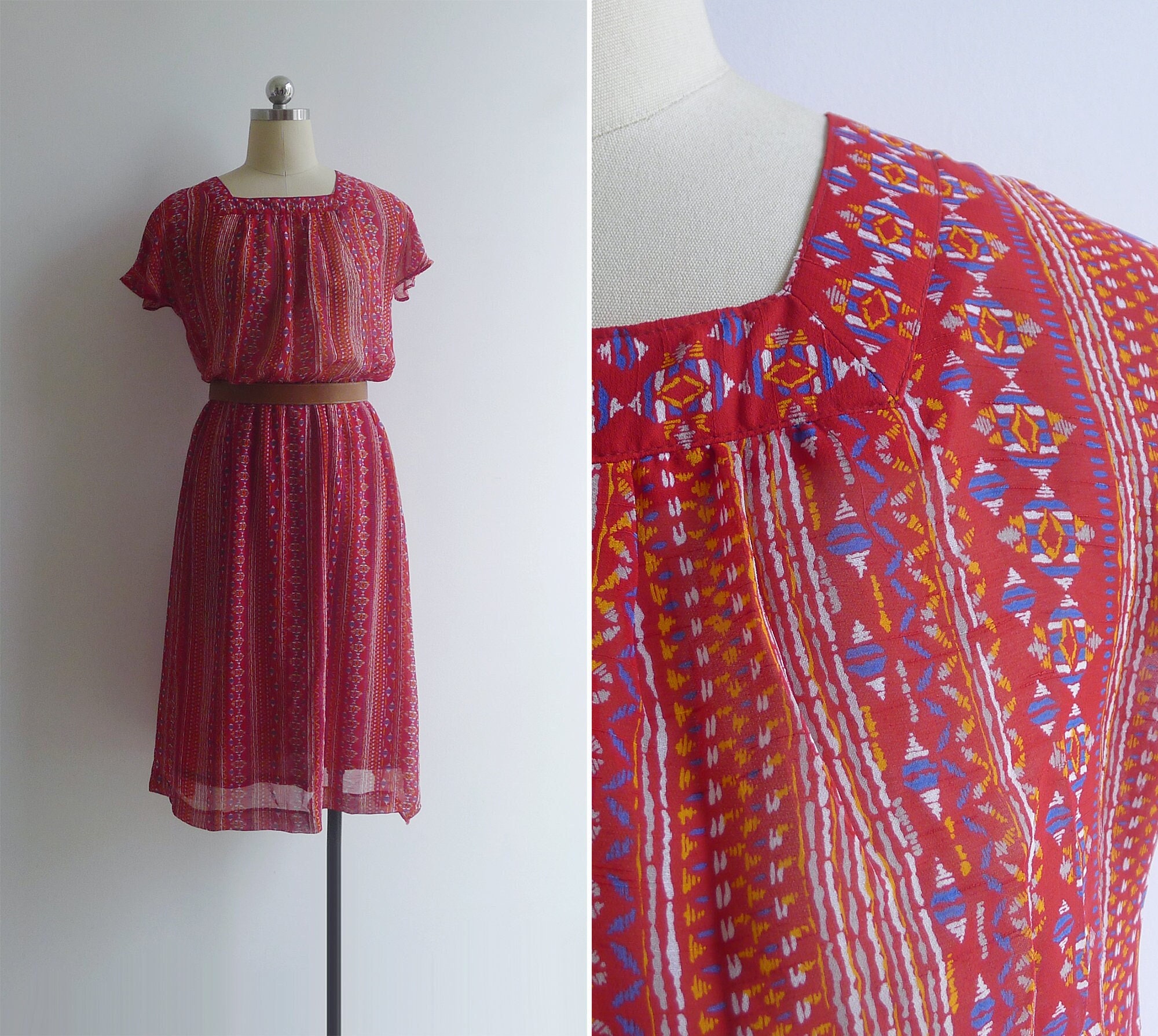 Bright Red Aztec Print Blouson Dress 