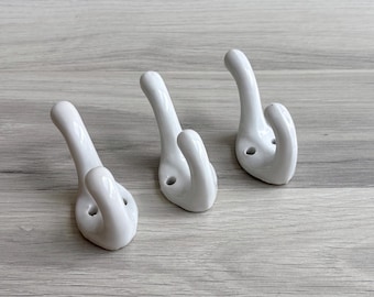 Vintage 50s White Porcelain Wall Hook - Retro Double Towel Hook, Ceramic, Customizable, DIY Home Decor