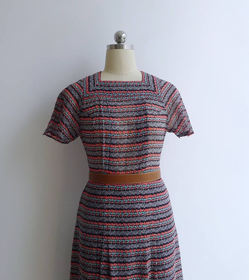 SALE Vintage '80s Floral Stripe Doily Print Square Neck Dress XS-S image 3