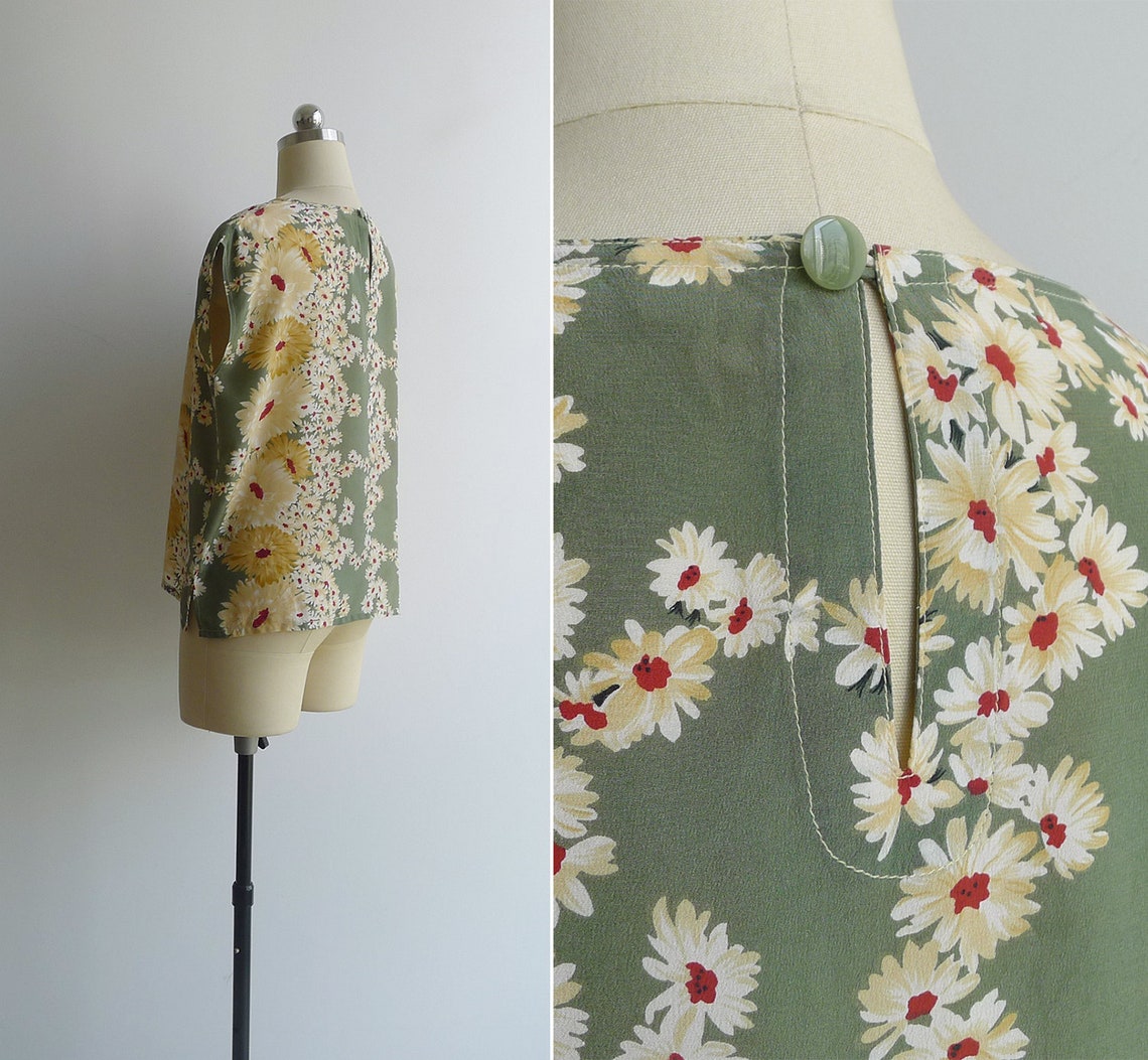 Vintage 80's Silk Daisy Fields Jade Green Blouse Top SM Etsy