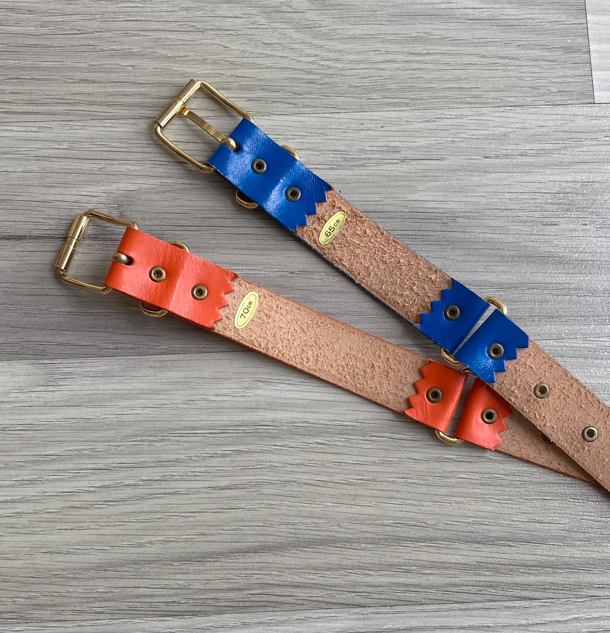 オレンジ ネイビー レザーベルト ヴィンテージ70年代スタッズ付きレザーベルト XS S M、レトロな