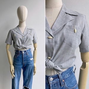 Blusa vintage de los años 70 de chambray gris con botones de palanca, tallas XS-S (nueva, sin usar).