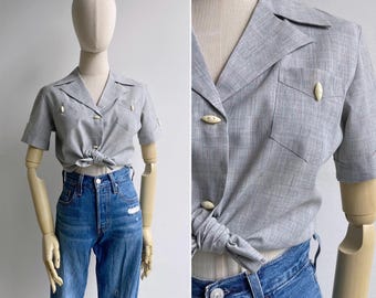Vintage 70-tals grå Chambray-blus med knappar XS-S (New Old Stock)