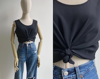 Vintage 80s Black Textured Slouchy Tank Top S-M, Relaxed Fit Sleeveless Retro Summer Top