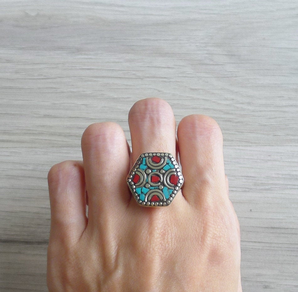 Three Statement Turquoise Rings-Boho Stone-Vintage Jewellery-Tribal Hippy Ring Three Statement Turquoise Rings-Boho Stone-Vintage Jewellery-Tribal Hippy Ring