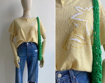 Vintage 80s Yellow Terry Towel Popover Boxy Tee Top S M L, Retro Textured Blouse with Floral Appliqué Embroidery