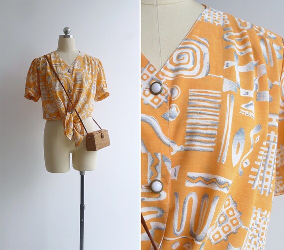 Vintage 80's Melon Orange Squiggle Abstract Print